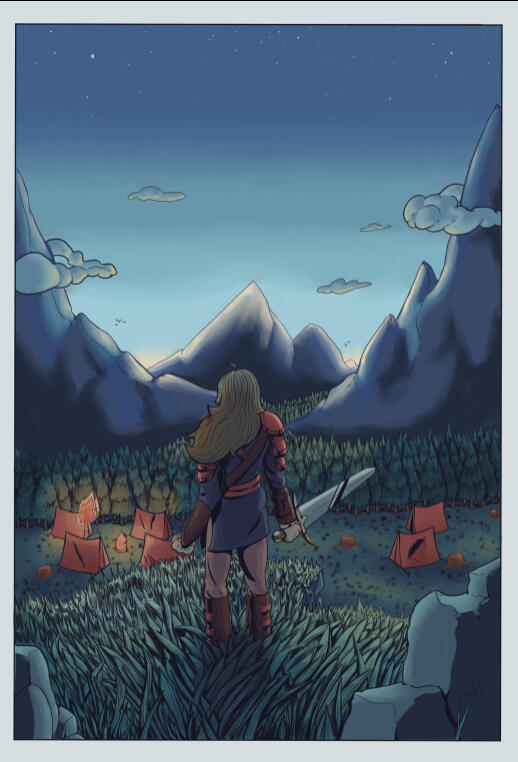 A digital illustration of a warrior woman standing on a cliff that overlooks the remants of a battle encampment. Dawn is rising as she looks towards it, ready to face the world.