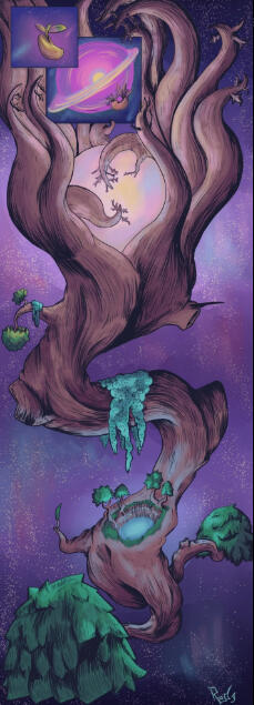 A large digital illustration with two panels. The first panel shows a seedling drifting through space. The second shows a more developed seedling drifting towards a bright blooming star. The rest of the illustration is of a large cosmic tree wrapped around