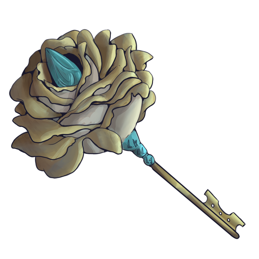 A digital concept of a skeleton key with a gold Osiria rose and blue gem for the handle. There are three sets of initials carved into the key stem.