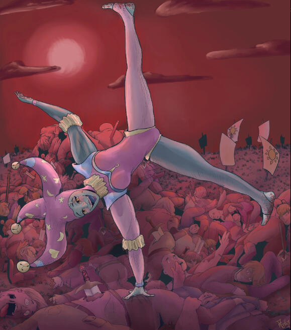 A digital illustration of a tiefling in a pink and blue jesters costume with sewn pieces, hearts, stars and moons. She's cartwheeling to distract from the bodies littering the battlefield.
