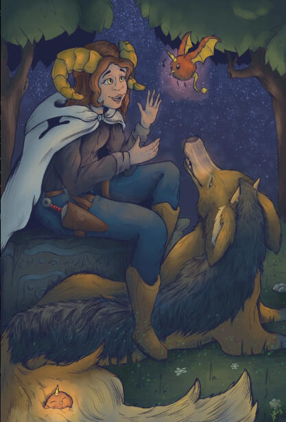 A digital illustration of a changeling woman with gold eyes and ram horns, She has on cowboy attire and a white hooded cloak. A throwing blade is strapped to her thigh in a custom holster with the letter L on it. Laying on the ground next to her is her lif