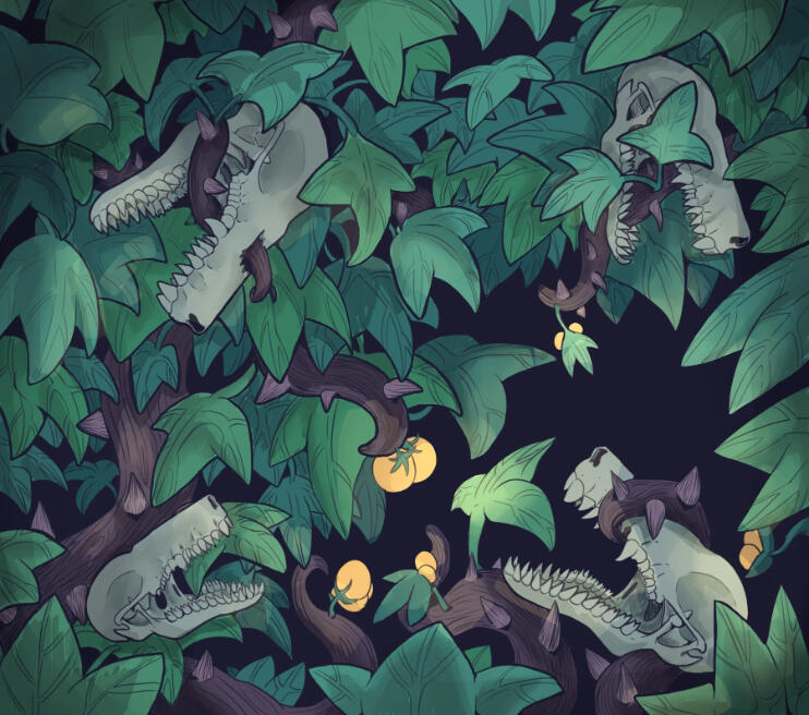 A digital illustration of a kudzu like plant with thorny vines curling around the skulls of moles. Yellow-orange glowing berries are also blooming from the vines
