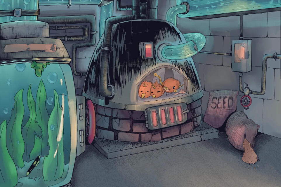 An illustration of a fantasy based boiler room. In the foreground is a glass water filter with kelp like plant to help with the filtration. A lost pen sits in the bottom of it. The water pipes flow through out the room and into the boiler itself which is h