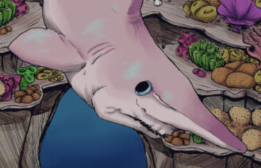 A pink goblin shark swimming past colorful reefs